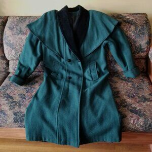 Double breasted, green wool coat, M, black velvet collar, cape, vintage 80s